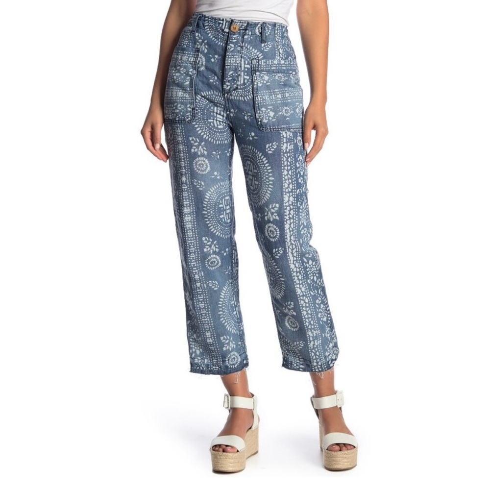 Free People Island Vibes Discharge Trousers Blue Linen Blend Size 25